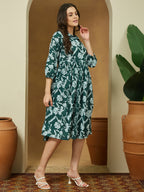 Janasya Dark Cotton Floral Fit & Flare Dress | Grocsy