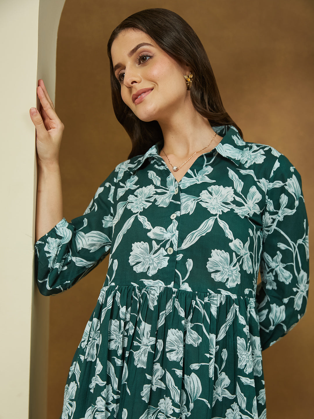 Janasya Dark Cotton Floral Fit & Flare Dress | Grocsy