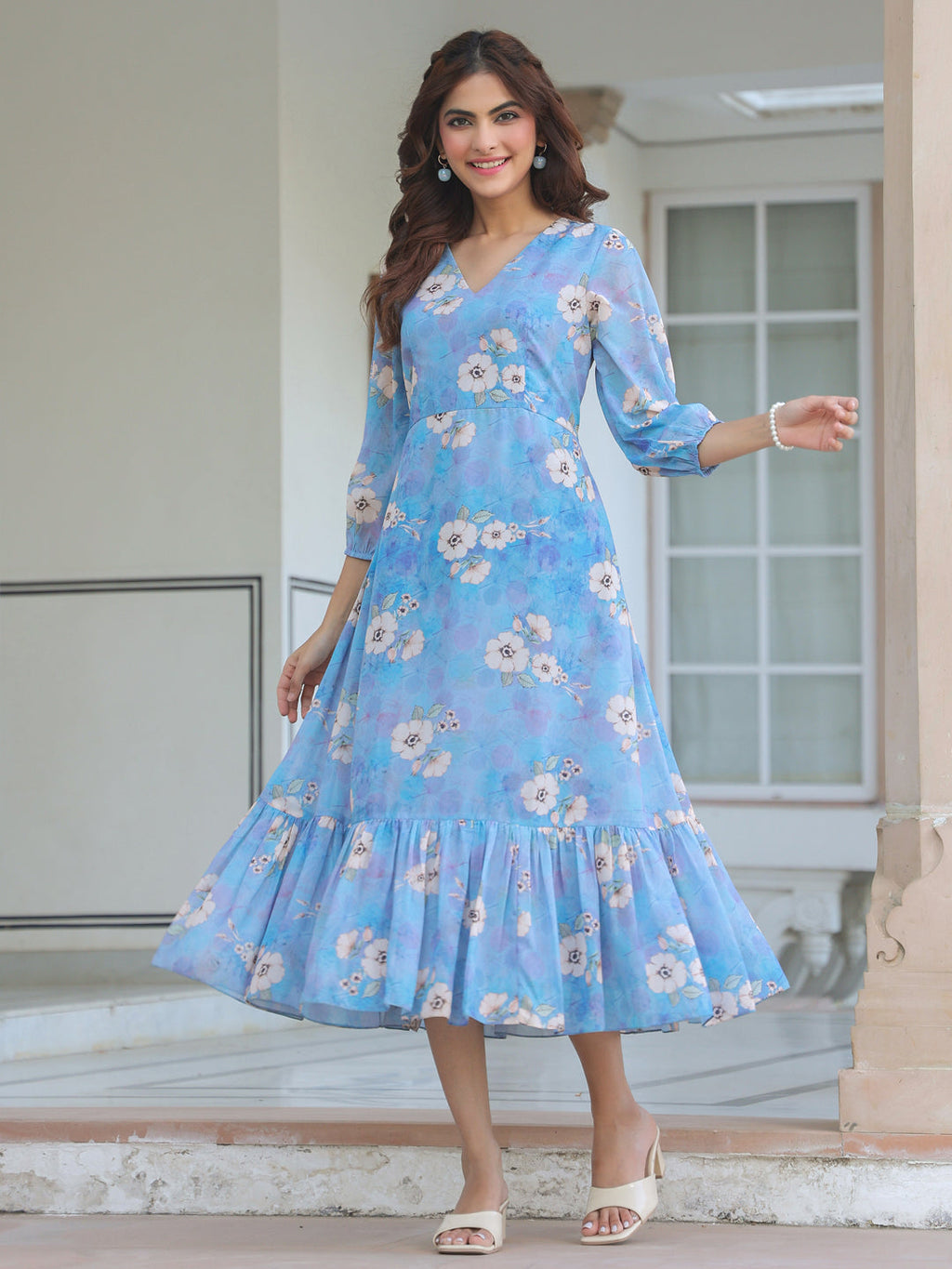Janasya Light Georgette Floral A-Line Dress | Grocsy