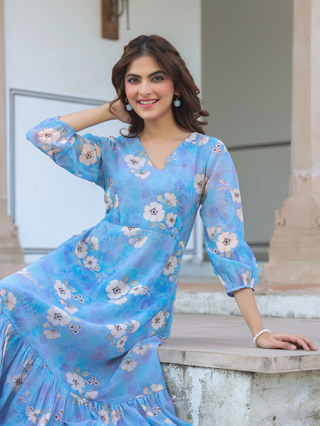 Janasya Light Georgette Floral A-Line Dress | Grocsy