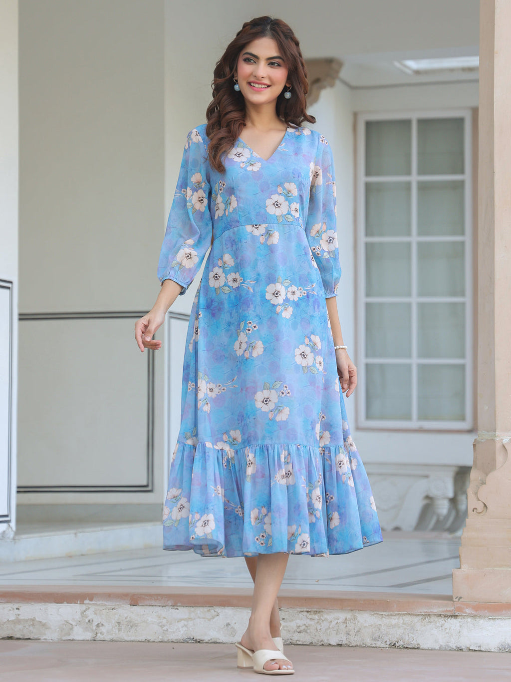 Janasya Light Georgette Floral A-Line Dress | Grocsy