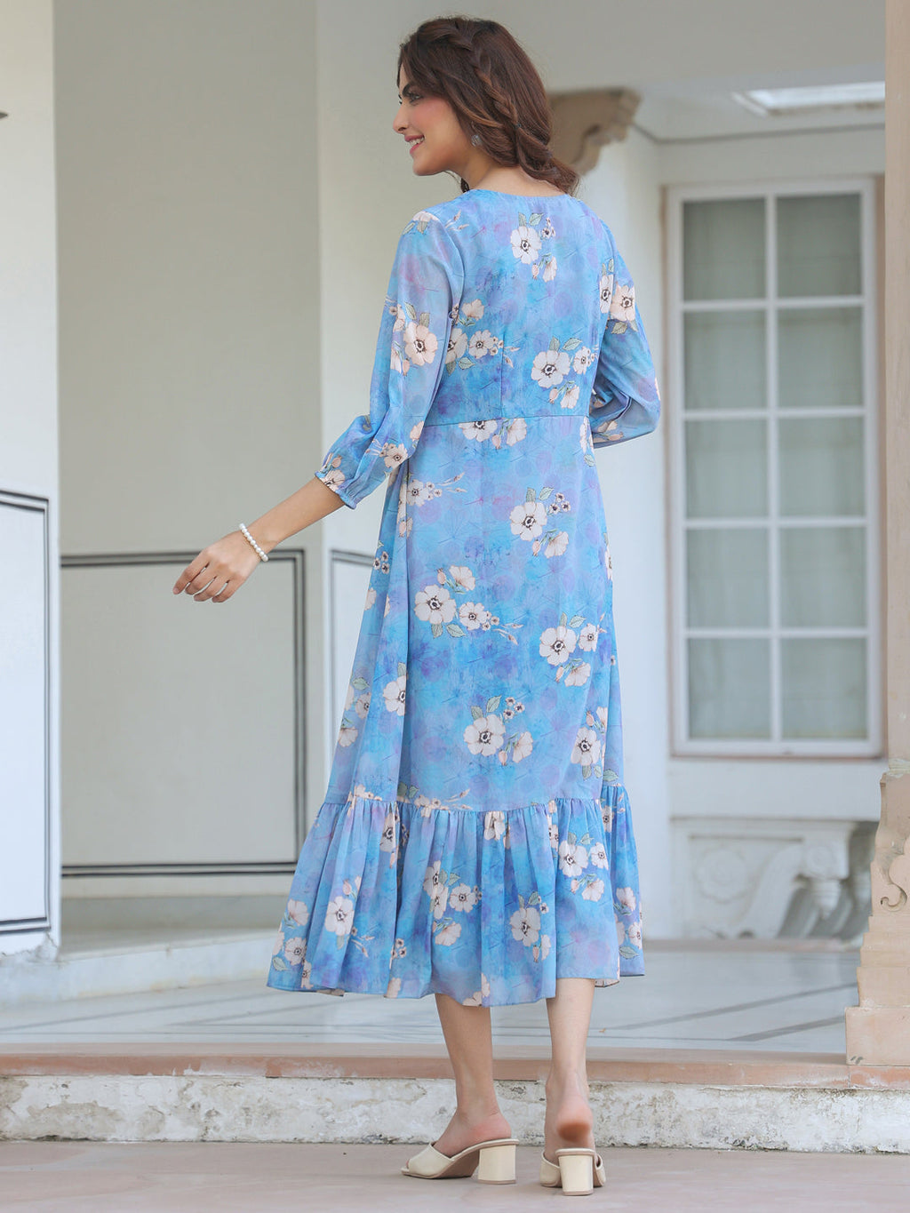 Janasya Light Georgette Floral A-Line Dress | Grocsy