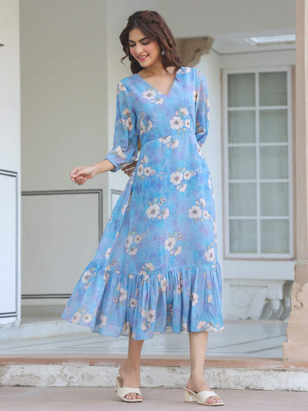 Janasya Light Georgette Floral A-Line Dress | Grocsy