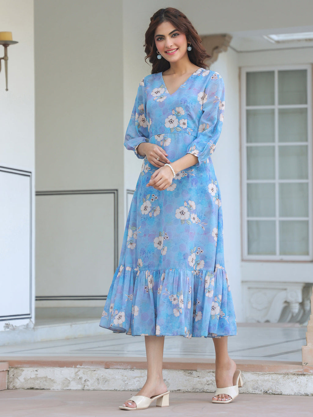 Janasya Light Georgette Floral A-Line Dress | Grocsy