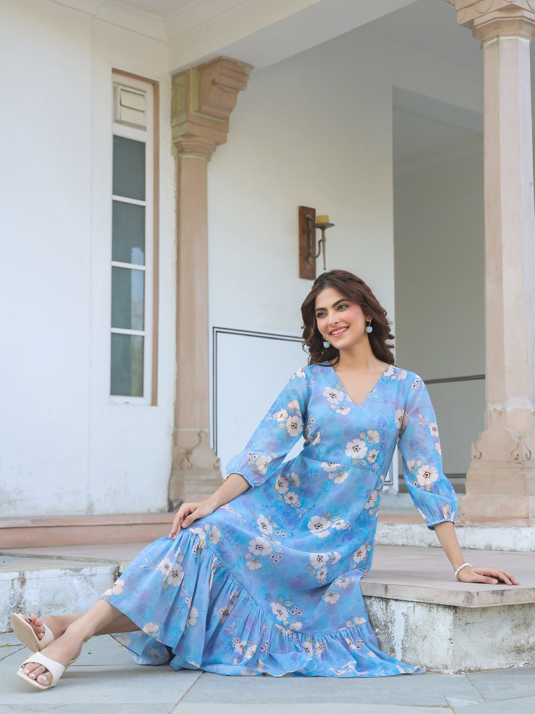 Janasya Light Georgette Floral A-Line Dress | Grocsy