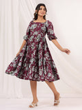 Janasya Dark Cotton Floral Tiered Dress | Grocsy