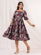Janasya Dark Cotton Floral Tiered Dress | Grocsy
