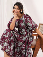 Janasya Dark Cotton Floral Tiered Dress | Grocsy