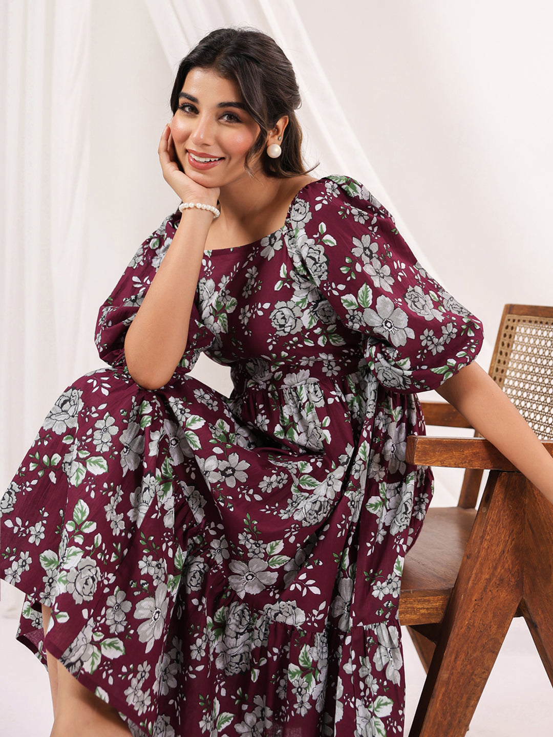 Janasya Dark Cotton Floral Tiered Dress | Grocsy