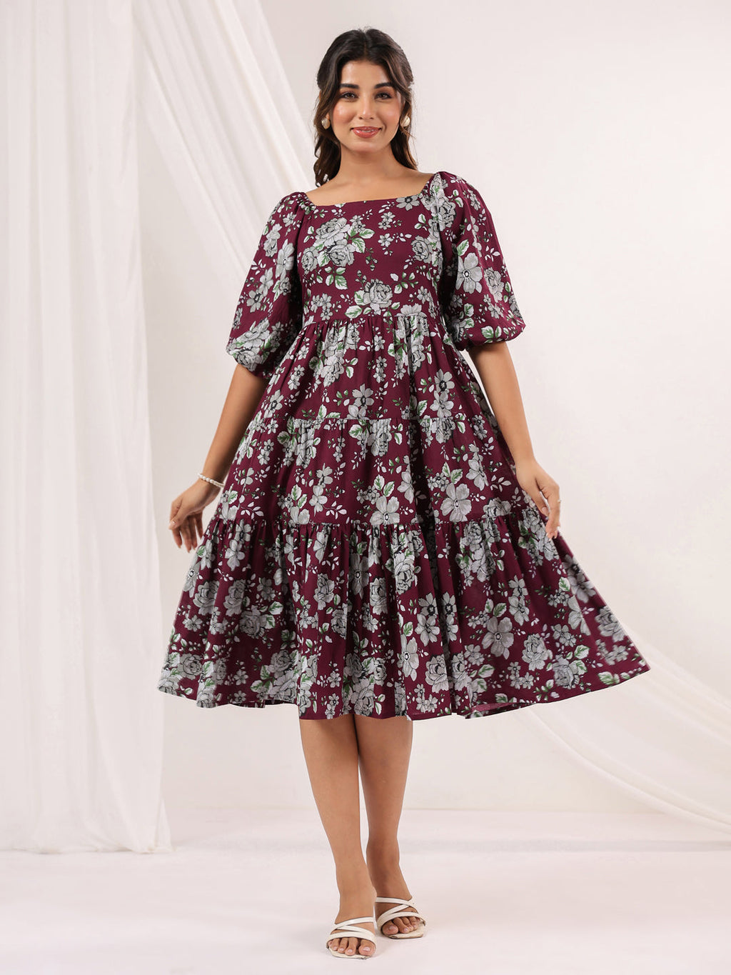 Janasya Dark Cotton Floral Tiered Dress | Grocsy