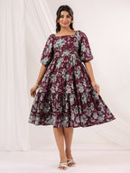 Janasya Dark Cotton Floral Tiered Dress | Grocsy