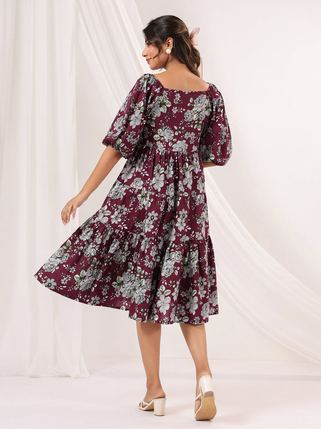 Janasya Dark Cotton Floral Tiered Dress | Grocsy