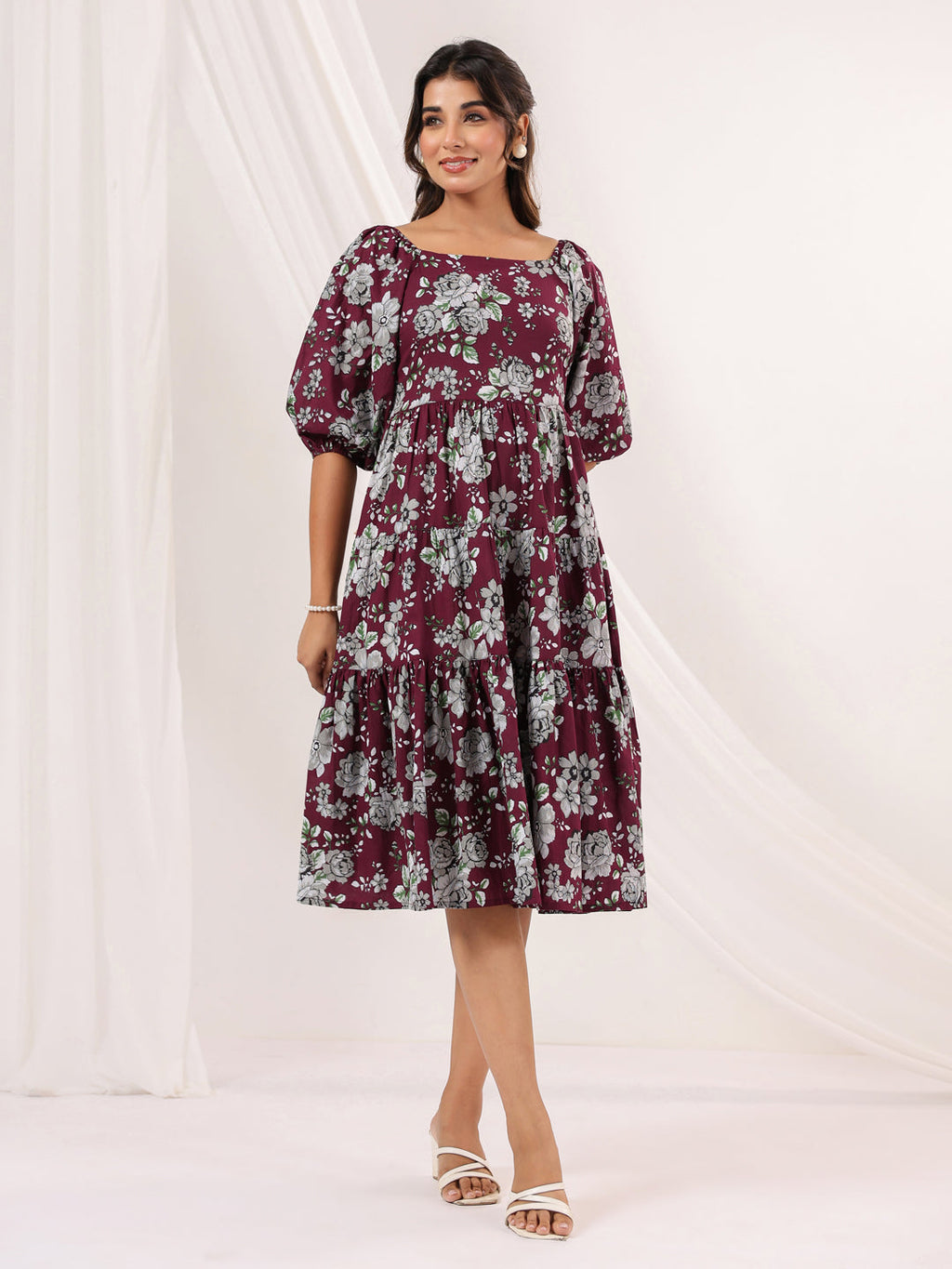 Janasya Dark Cotton Floral Tiered Dress | Grocsy