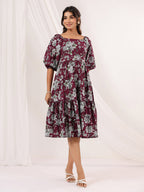 Janasya Dark Cotton Floral Tiered Dress | Grocsy