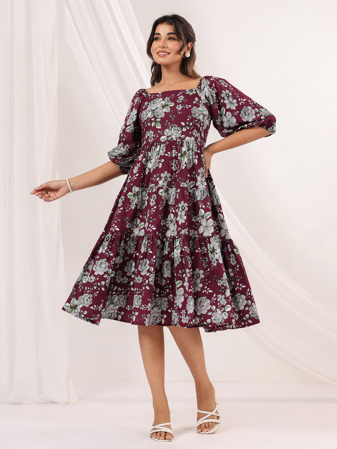 Janasya Dark Cotton Floral Tiered Dress | Grocsy