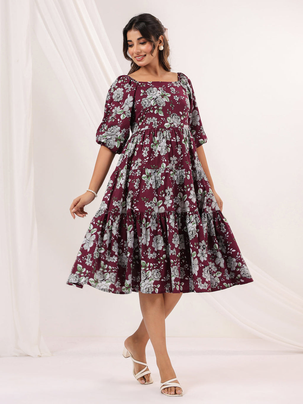 Janasya Dark Cotton Floral Tiered Dress | Grocsy