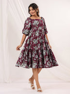 Janasya Dark Cotton Floral Tiered Dress | Grocsy