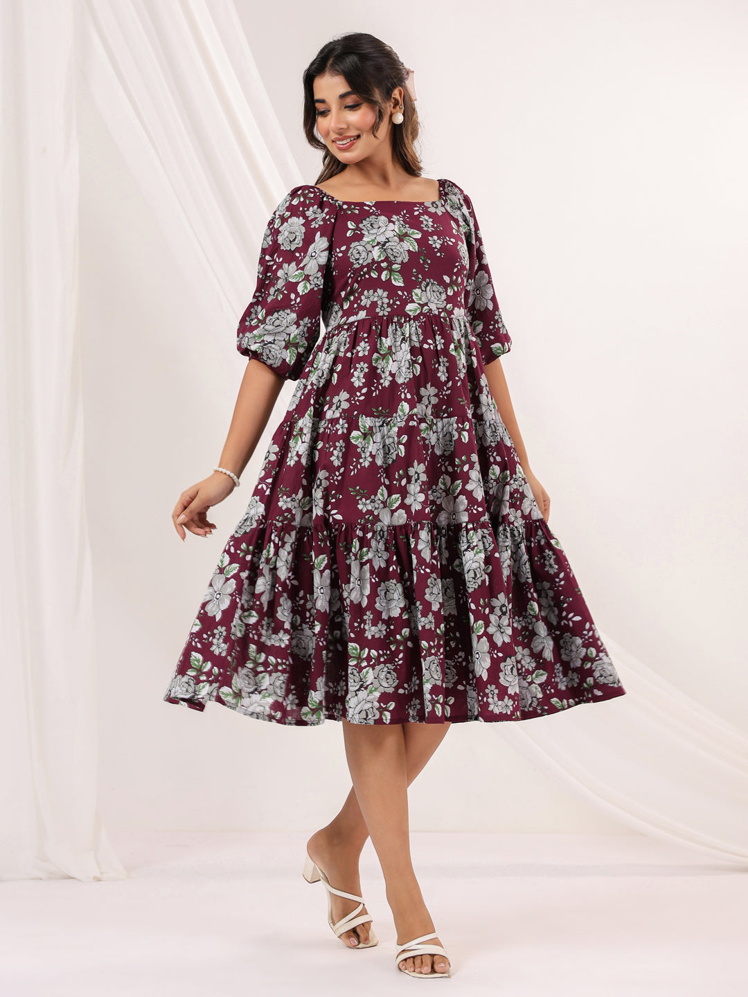 Janasya Dark Cotton Floral Tiered Dress | Grocsy