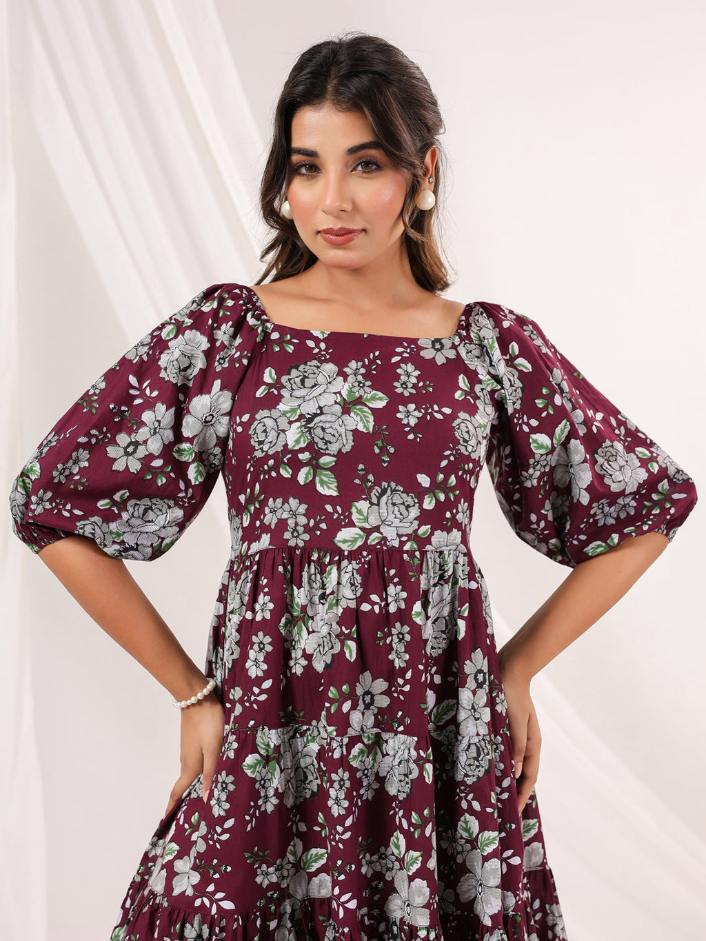 Janasya Dark Cotton Floral Tiered Dress | Grocsy