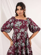 Janasya Dark Cotton Floral Tiered Dress | Grocsy