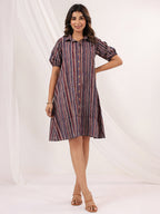 Janasya Dark Cotton Striped A-Line Dress | Grocsy