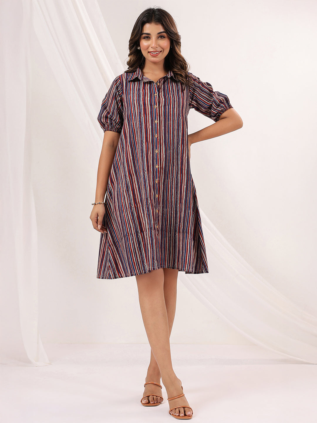 Janasya Dark Cotton Striped A-Line Dress | Grocsy