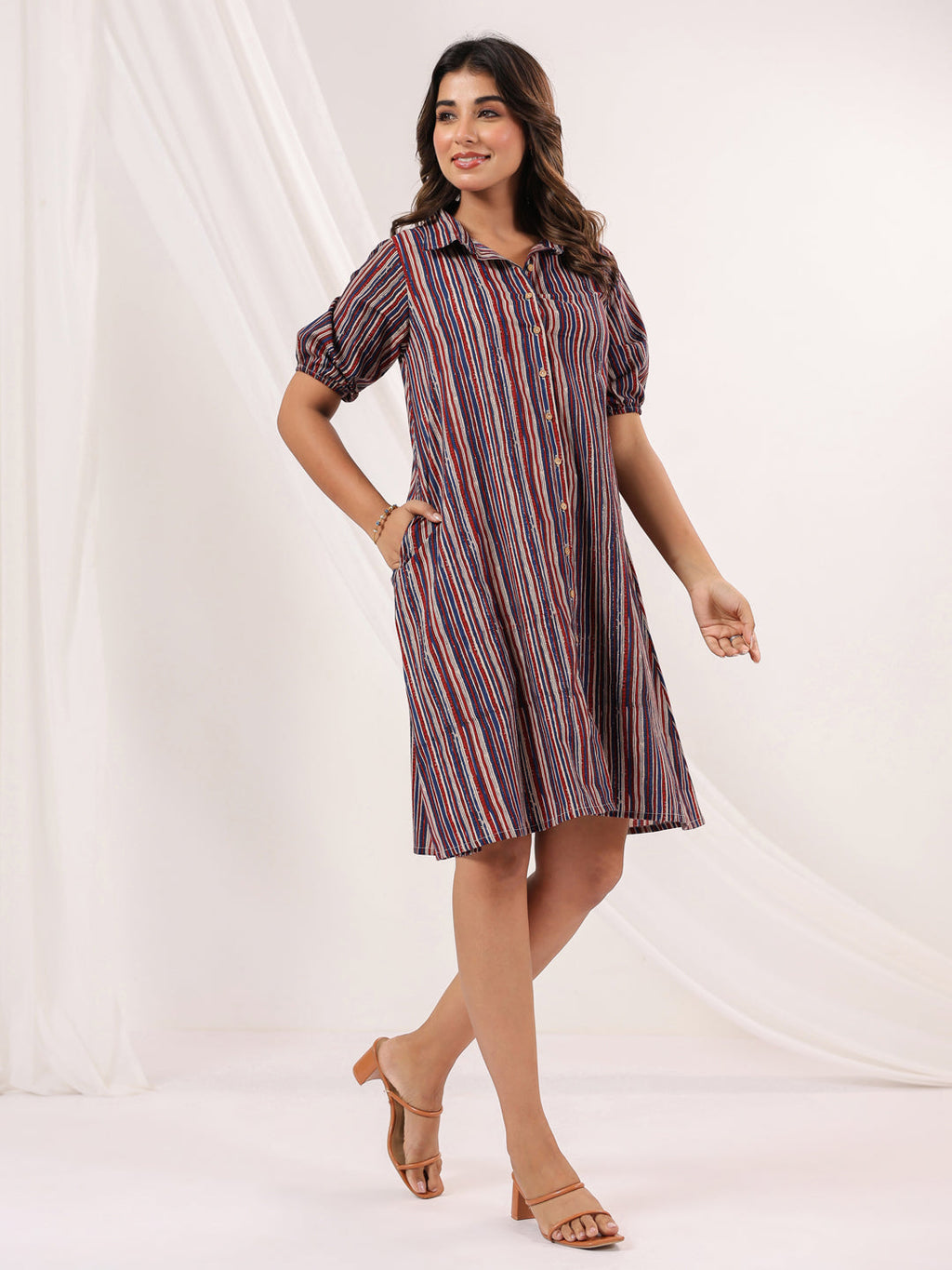 Janasya Dark Cotton Striped A-Line Dress | Grocsy