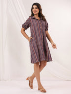 Janasya Dark Cotton Striped A-Line Dress | Grocsy