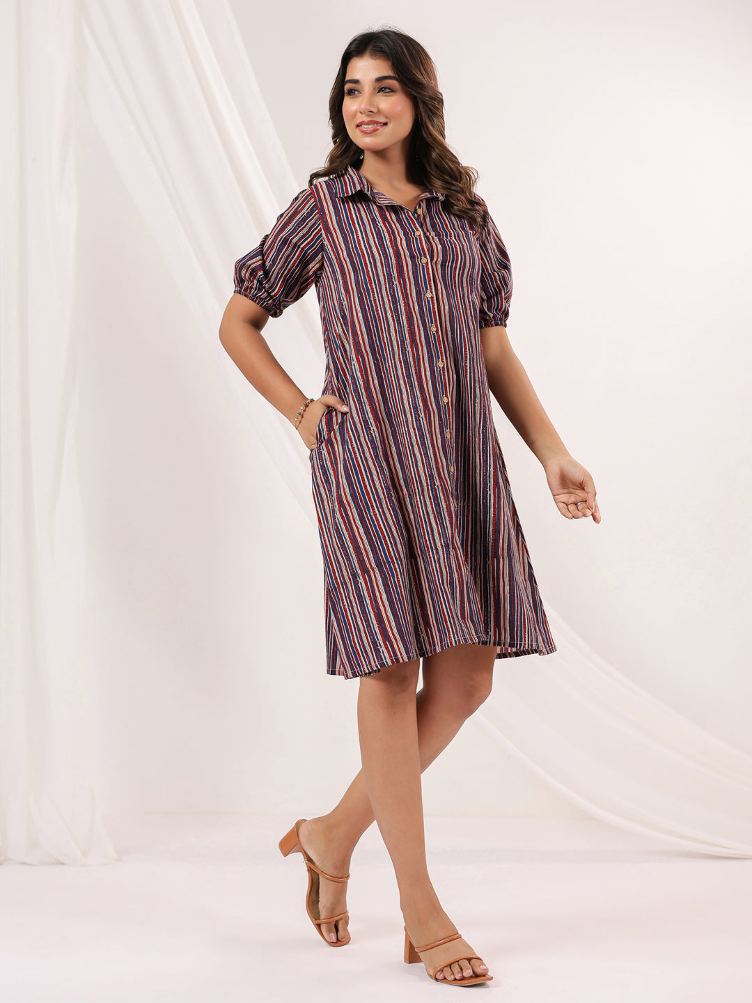 Janasya Dark Cotton Striped A-Line Dress | Grocsy