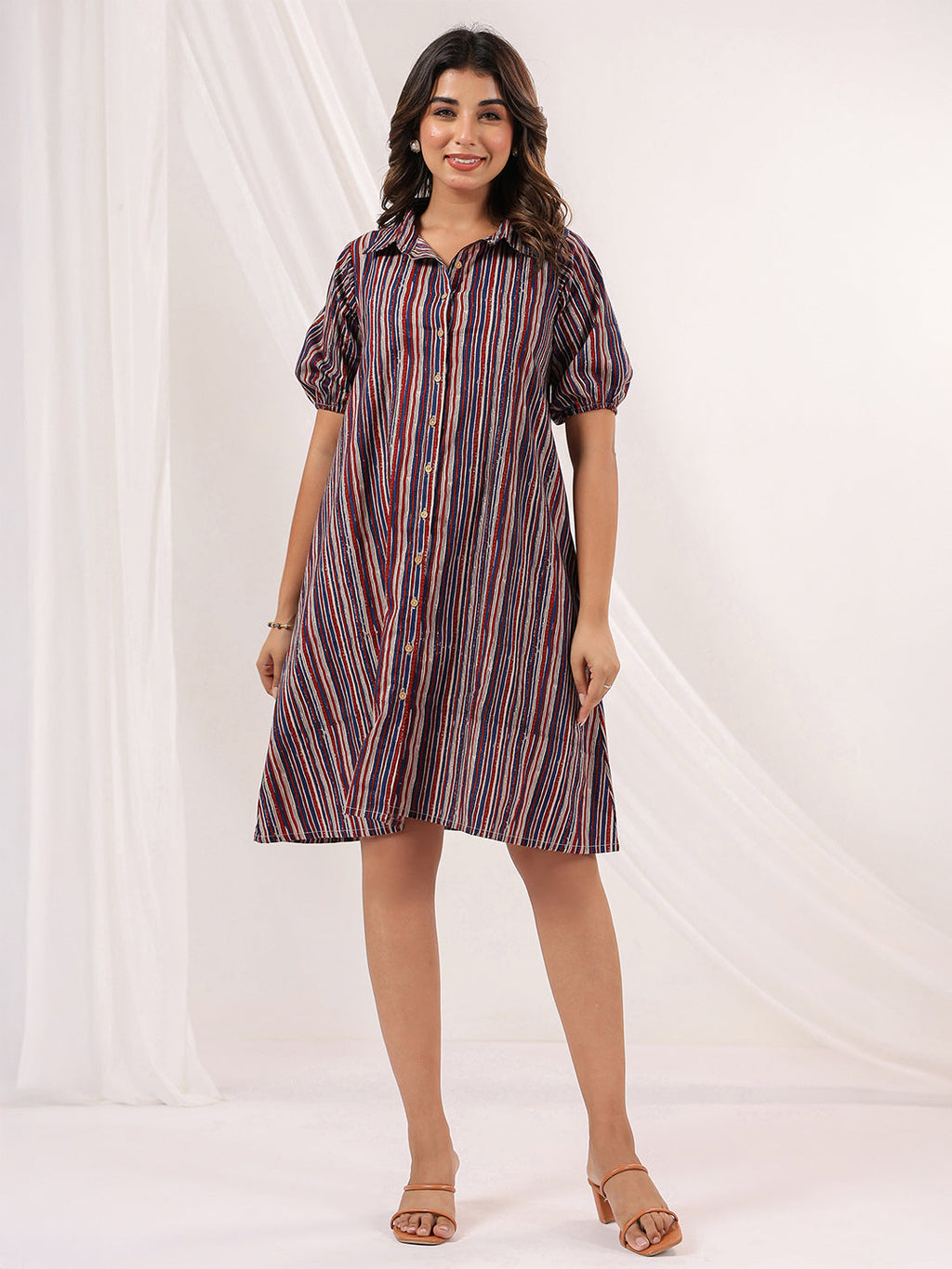 Janasya Dark Cotton Striped A-Line Dress | Grocsy