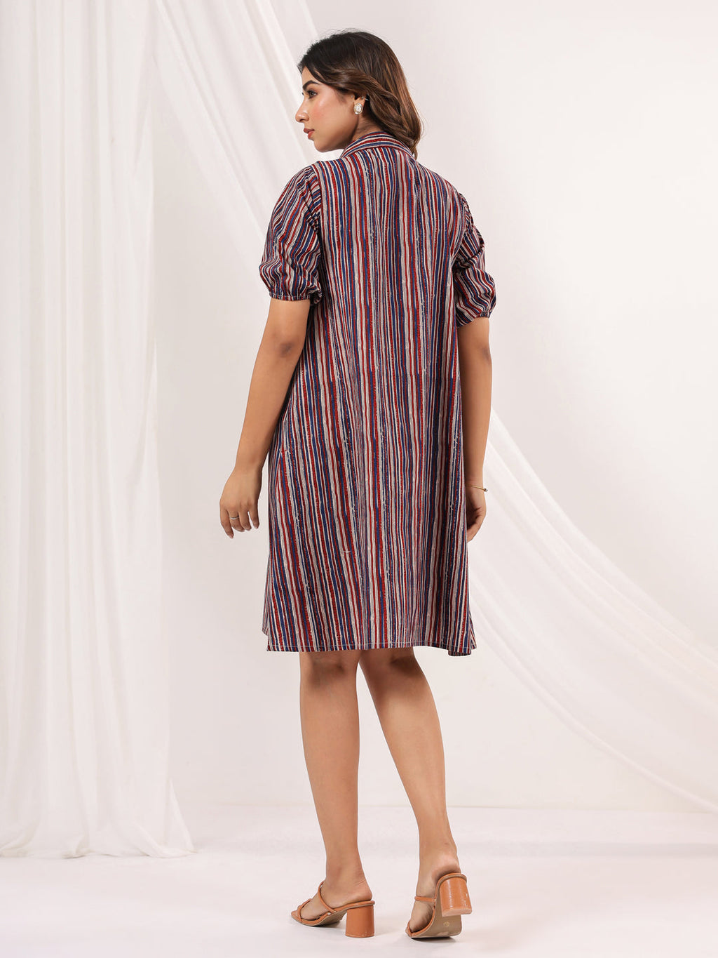Janasya Dark Cotton Striped A-Line Dress | Grocsy