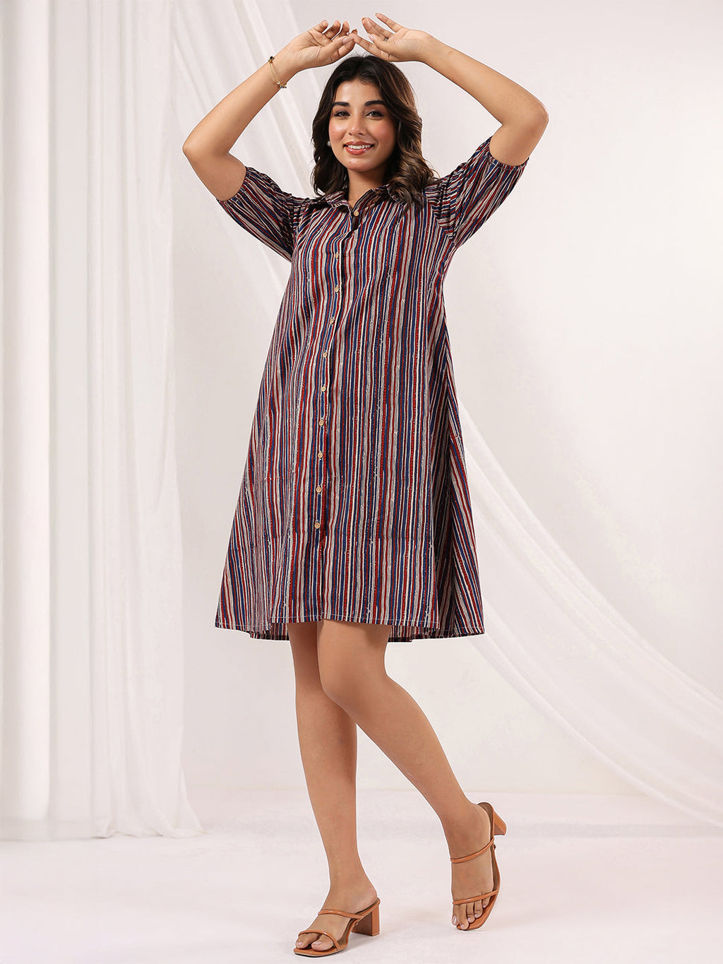 Janasya Dark Cotton Striped A-Line Dress | Grocsy