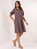 Janasya Dark Cotton Striped A-Line Dress | Grocsy