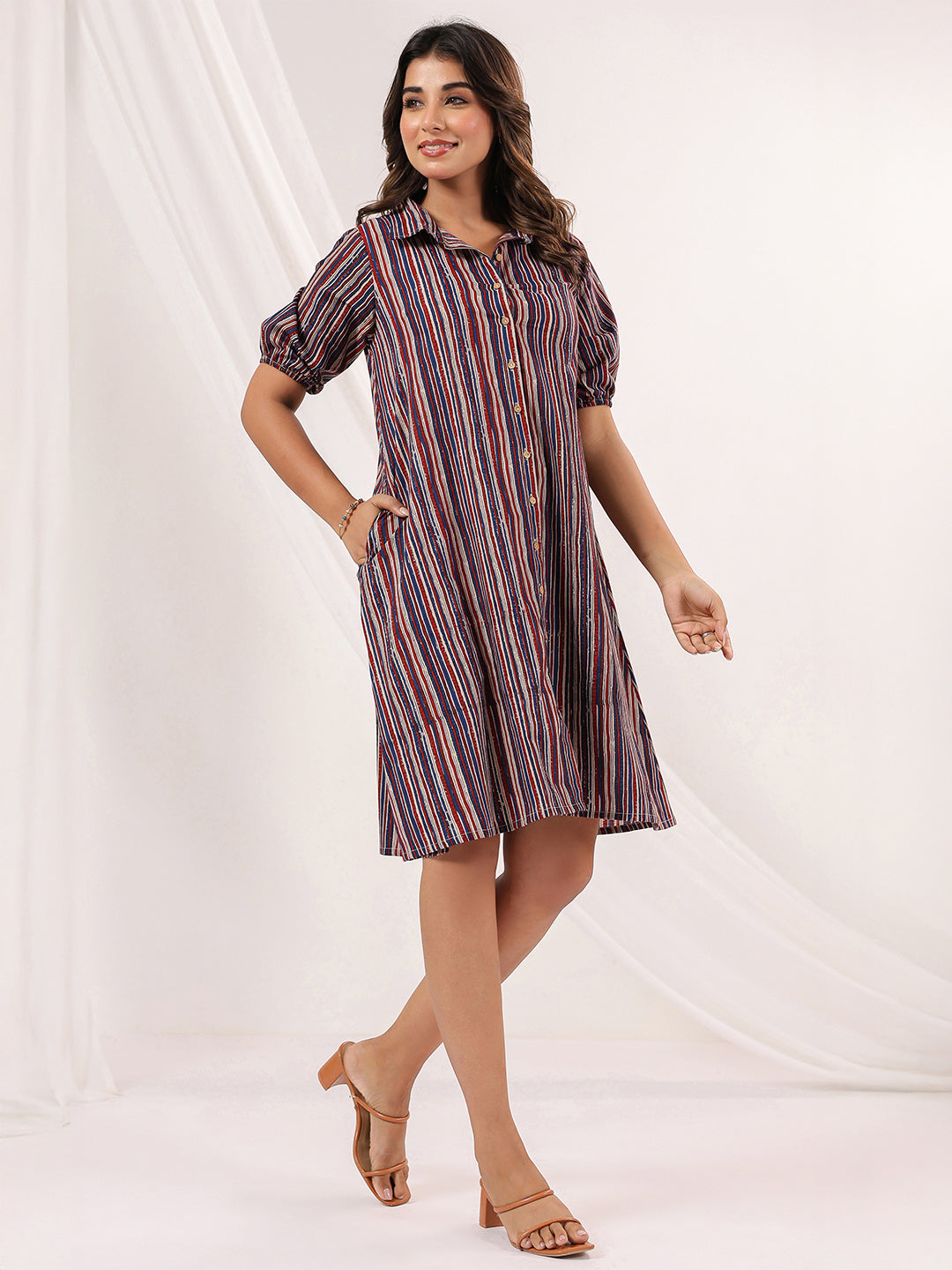 Janasya Dark Cotton Striped A-Line Dress | Grocsy