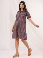 Janasya Dark Cotton Striped A-Line Dress | Grocsy