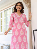 Janasya Light Cotton Ethnic Motifs Straight Kurta Set | Grocsy