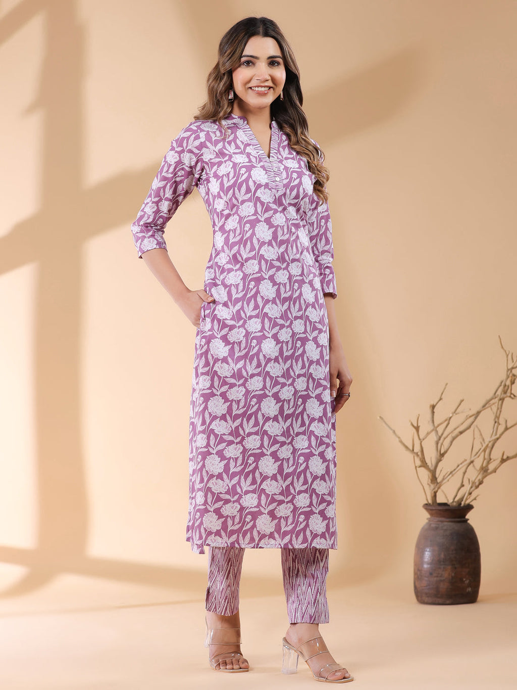 Janasya Light Cotton Floral Straight Kurta Set | Grocsy