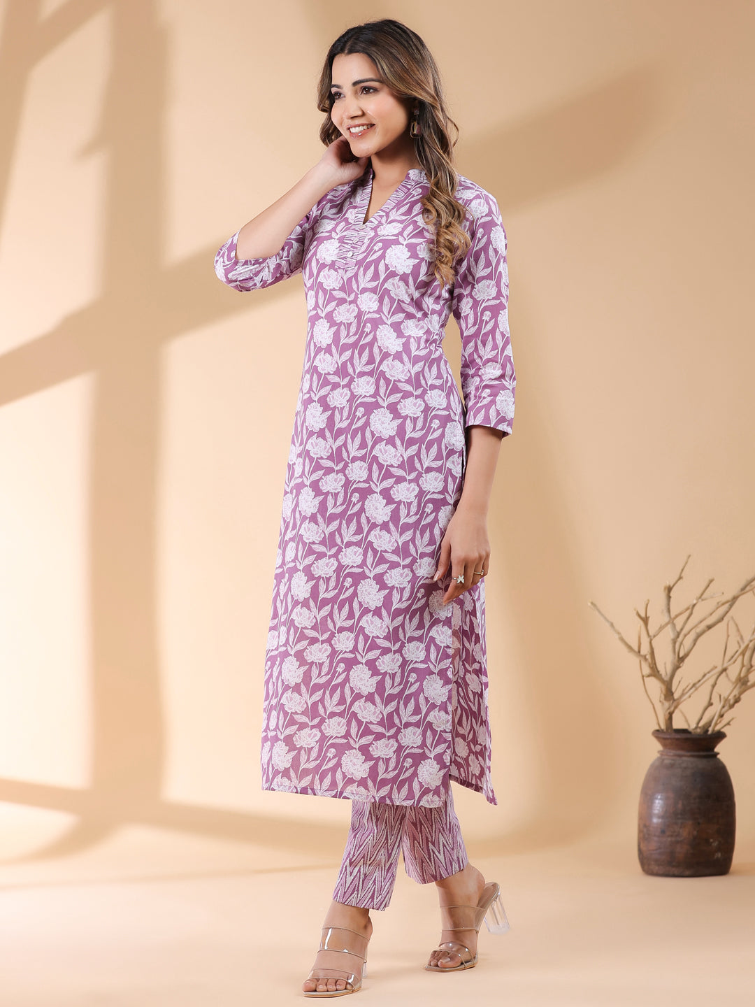 Janasya Light Cotton Floral Straight Kurta Set | Grocsy