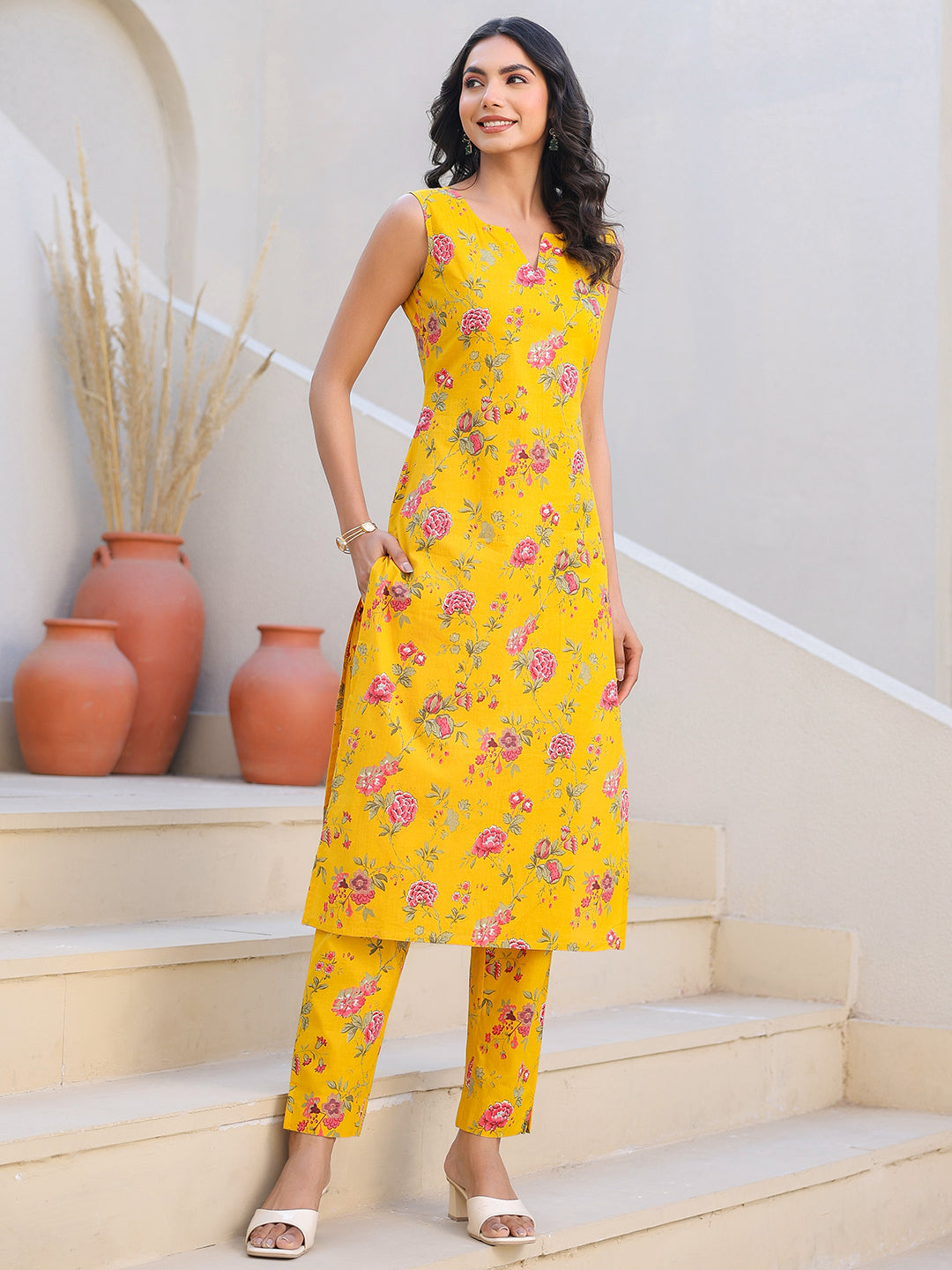 Janasya Bright Cotton Floral Straight Kurta Set | Grocsy