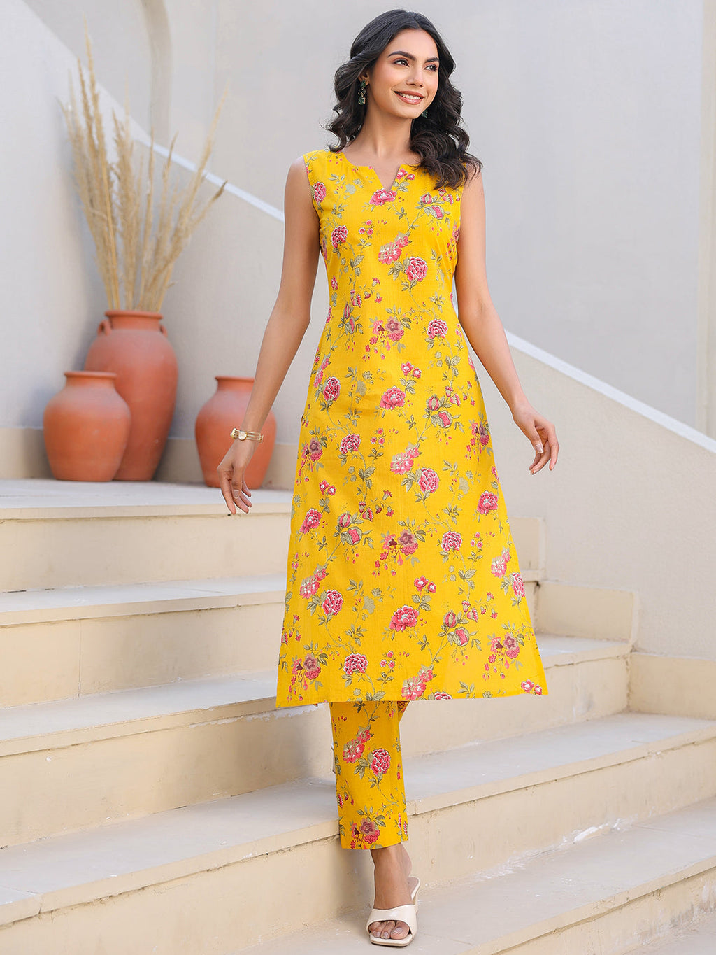 Janasya Bright Cotton Floral Straight Kurta Set | Grocsy