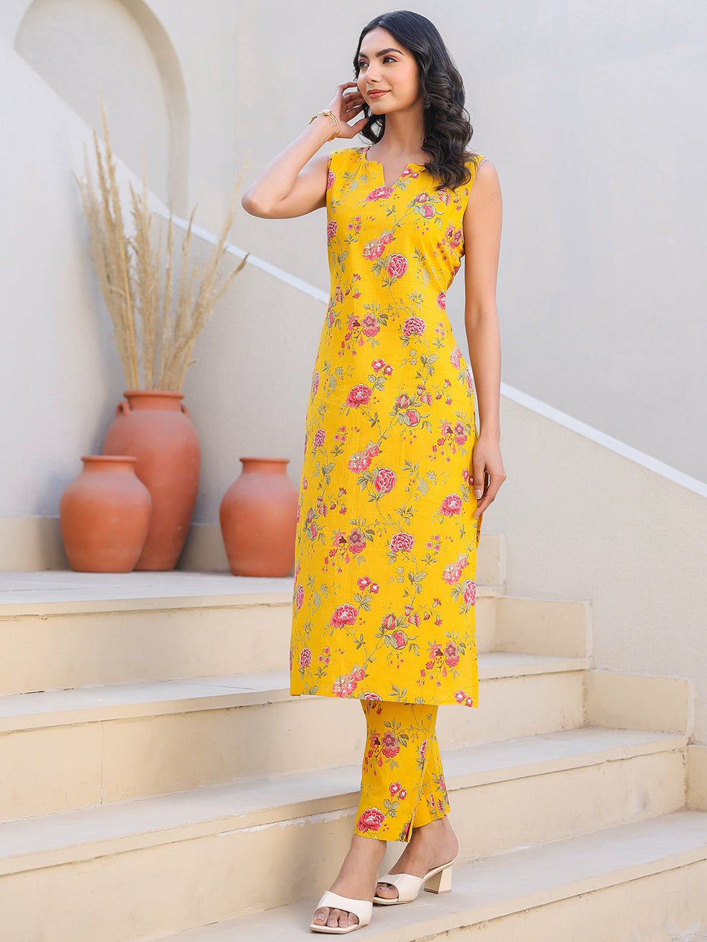 Janasya Bright Cotton Floral Straight Kurta Set | Grocsy