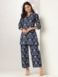 Janasya Dark Cotton Ikkat Straight Top & Bottom Set | Grocsy