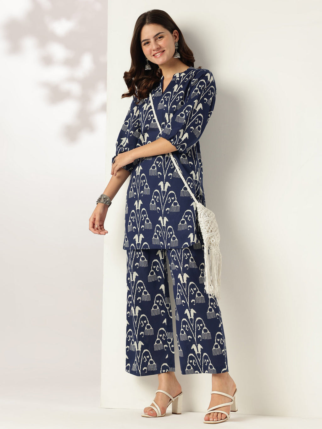 Janasya Dark Cotton Ikkat Straight Top & Bottom Set | Grocsy