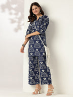 Janasya Dark Cotton Ikkat Straight Top & Bottom Set | Grocsy