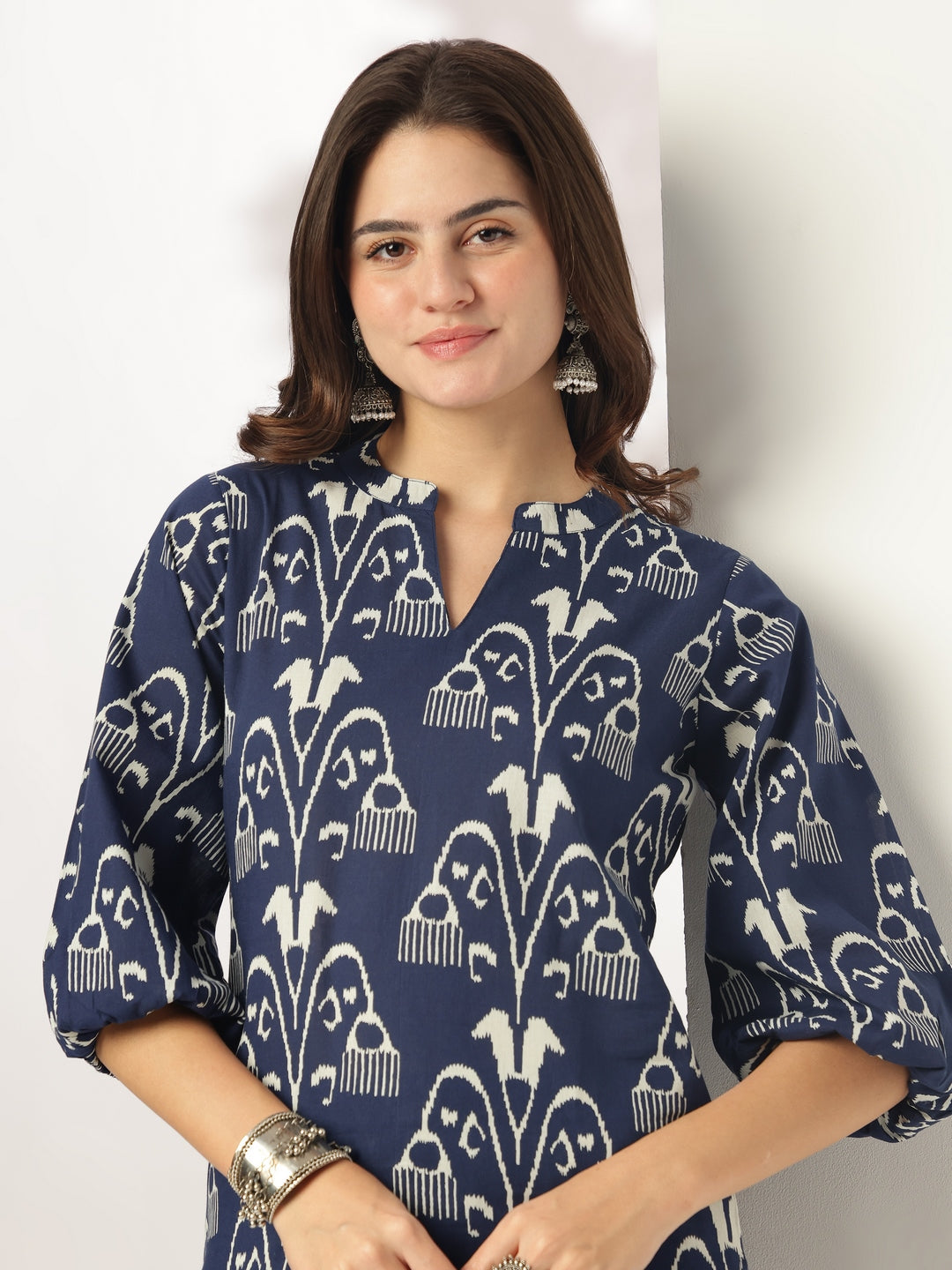 Janasya Dark Cotton Ikkat Straight Top & Bottom Set | Grocsy