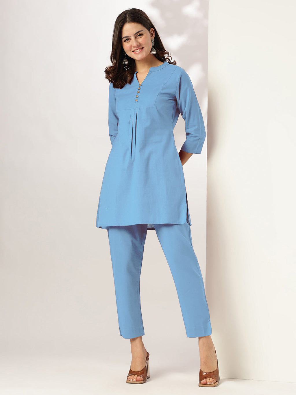 Janasya Light Cotton Solid A-Line Top & Bottom Set | Grocsy