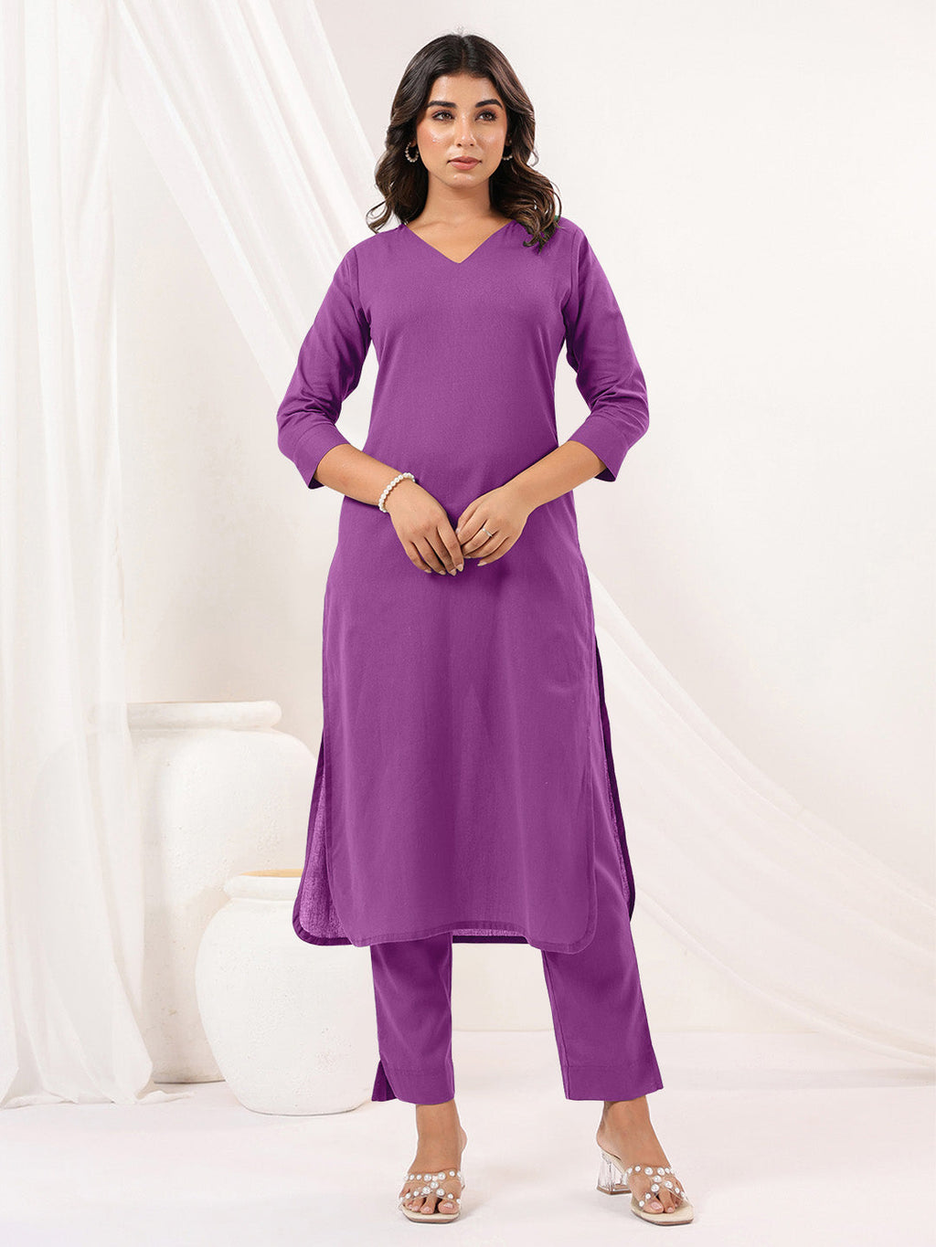 Janasya Light Cotton Solid Straight Kurta Set | Grocsy