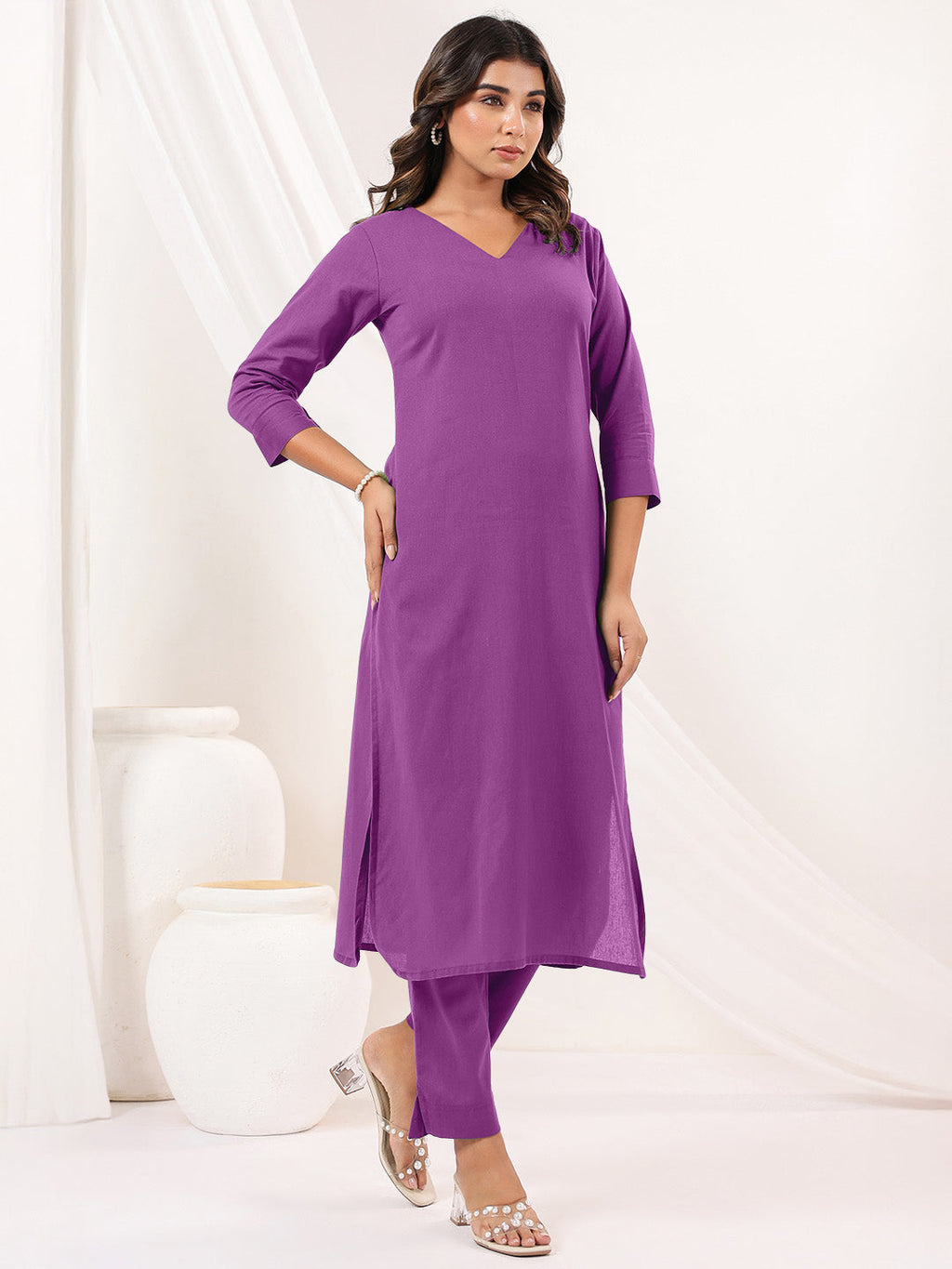 Janasya Light Cotton Solid Straight Kurta Set | Grocsy