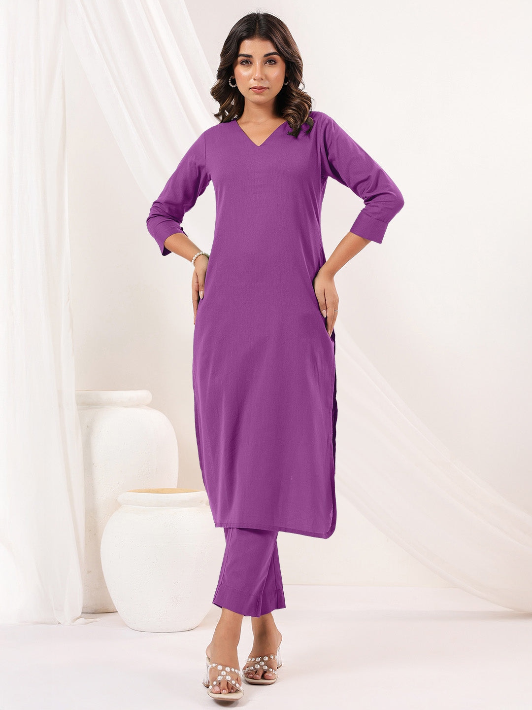 Janasya Light Cotton Solid Straight Kurta Set | Grocsy