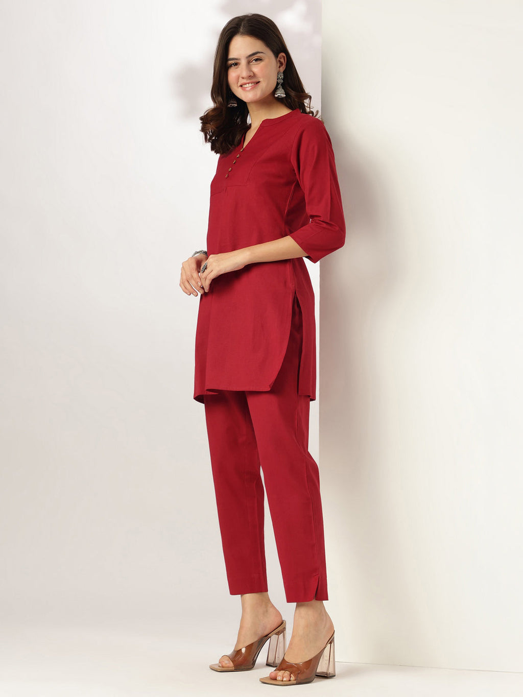 Janasya Dark Cotton Solid A-Line Top & Bottom Set | Grocsy